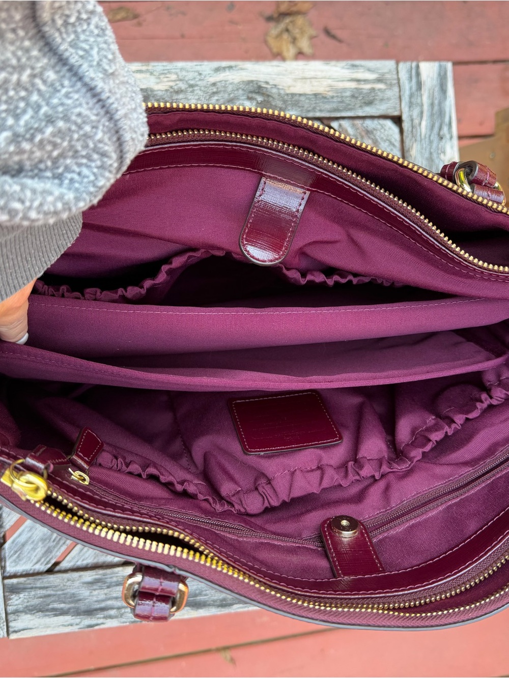 Coach Saffiano Patent Leather Triple Compartment Carryall Tote- Burgundy Merlot - Picture 14 of 16